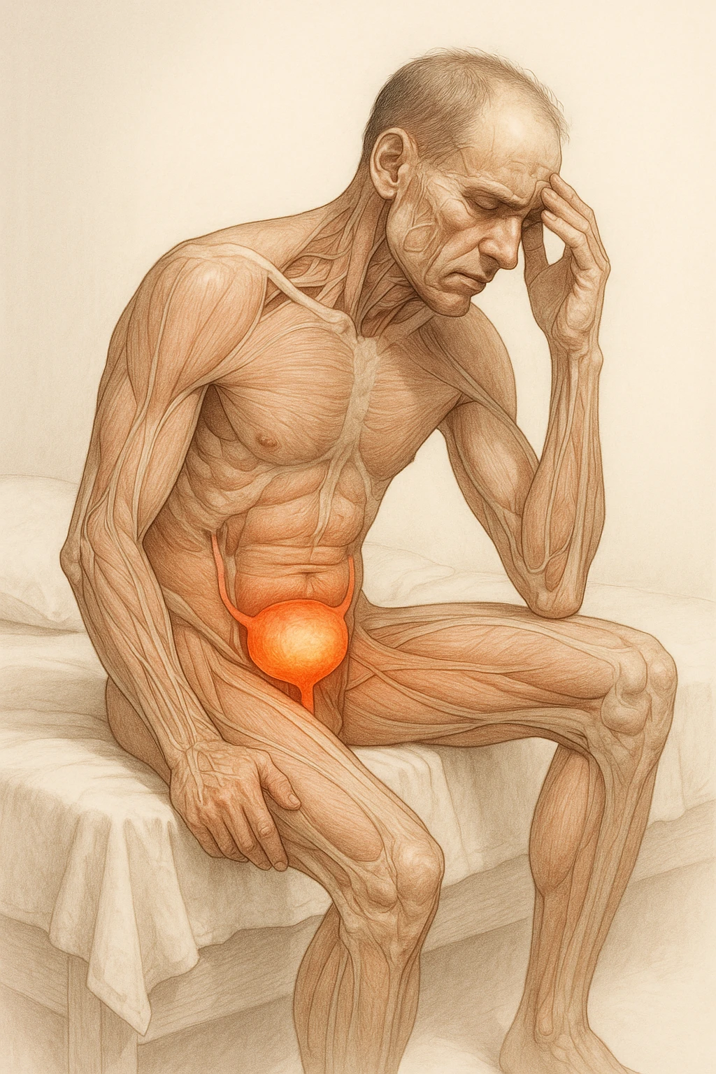 CORPO UMANO ANATOMICO SEDUTO NEL LETTO CHE NON RIESCE A DORMIRE, VESCICA ANATOMICA IN EVIDENZA, IPERREALISTICO SFONDO CHIARO NEUTRO emoji