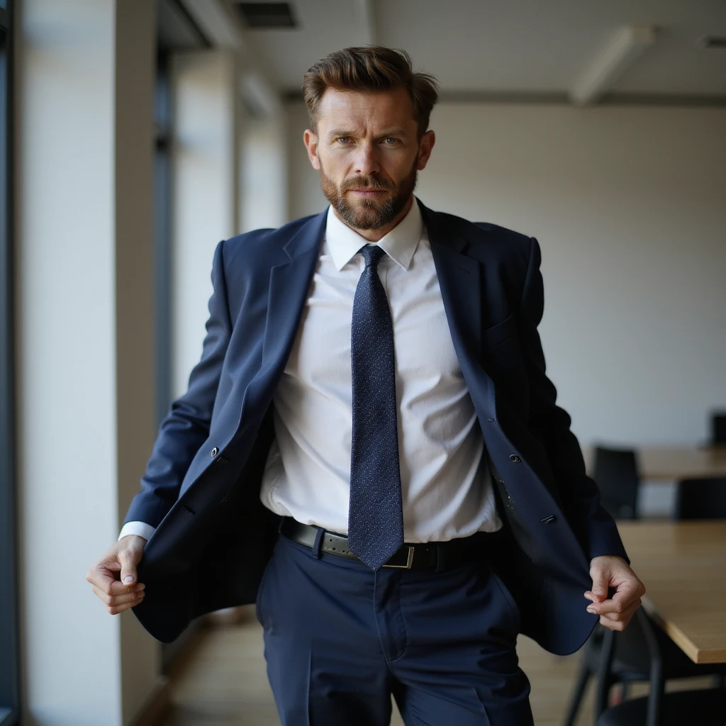 a business man turning his body, photorealistic style, suit and tie, office background emoji