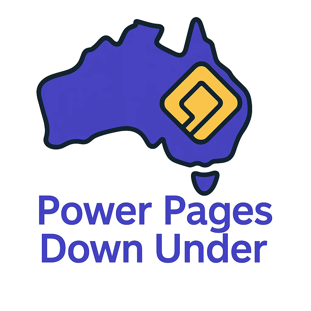 Make the icon more colorful by using #403DAD, a vibrant purple, and #fff7ad as accent colors. Keep the map of Australia with the official Microsoft Power Pages icon overlay and the text 'Power Pages Down Under' in a clean, modern font. No digital web overlay emoji