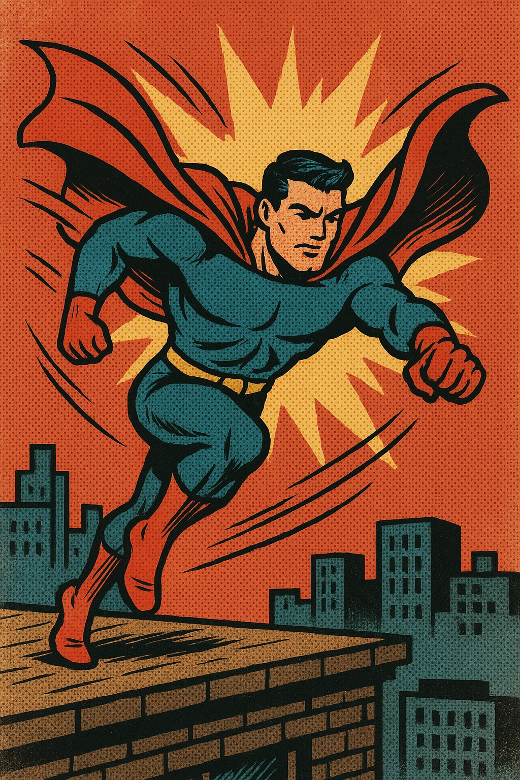 Hero leaping from a rooftop with cape trailing. emoji