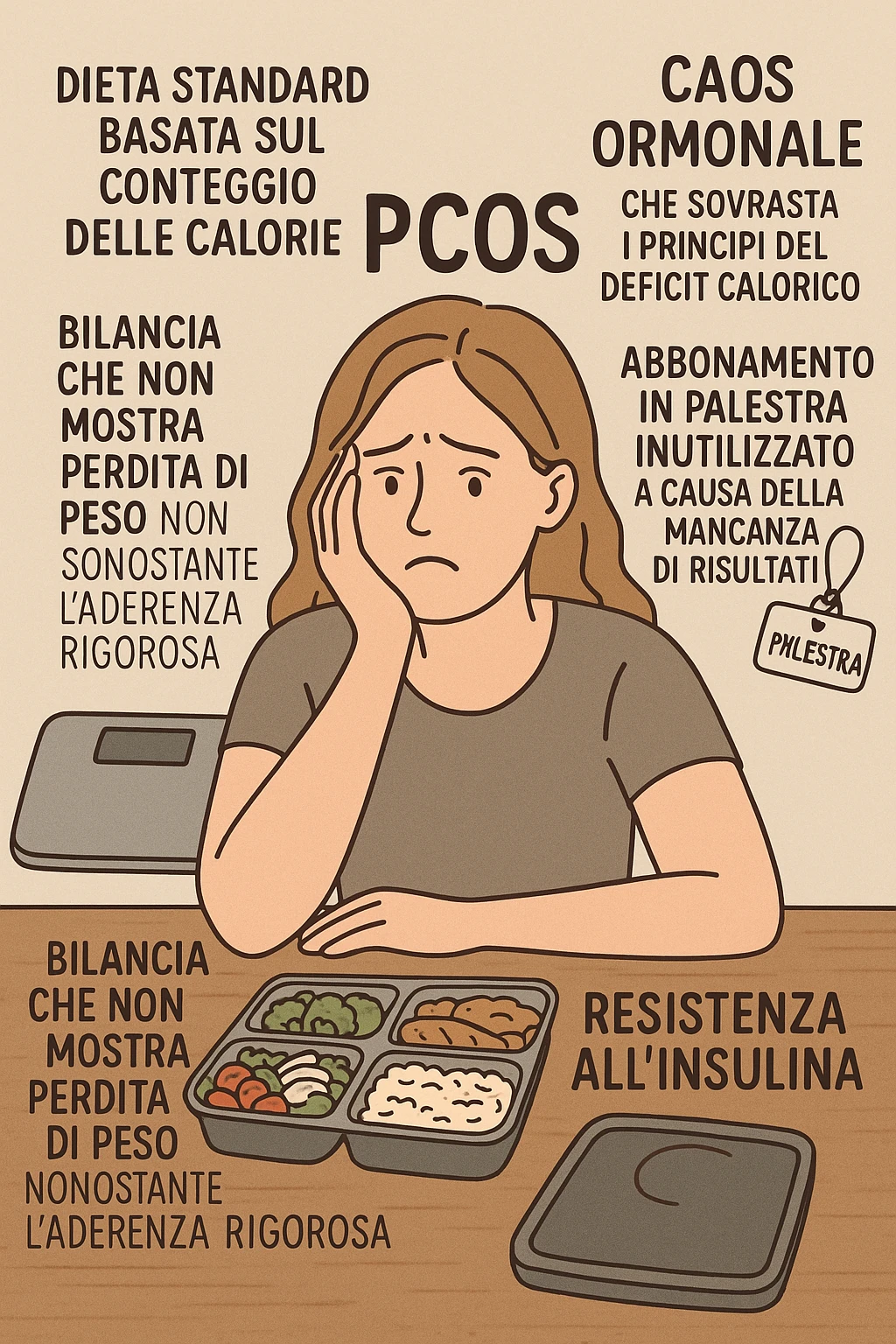 "Desperate woman with PCOS following standard calorie-counting diet, scale showing no weight loss despite strict adherence, expression of confusion and defeat, meal prep containers with healthy foods, insulin resistance making normal dieting ineffective, hormonal chaos overriding caloric deficit principles, gym membership unused due to lack of results scritte in italiano emoji