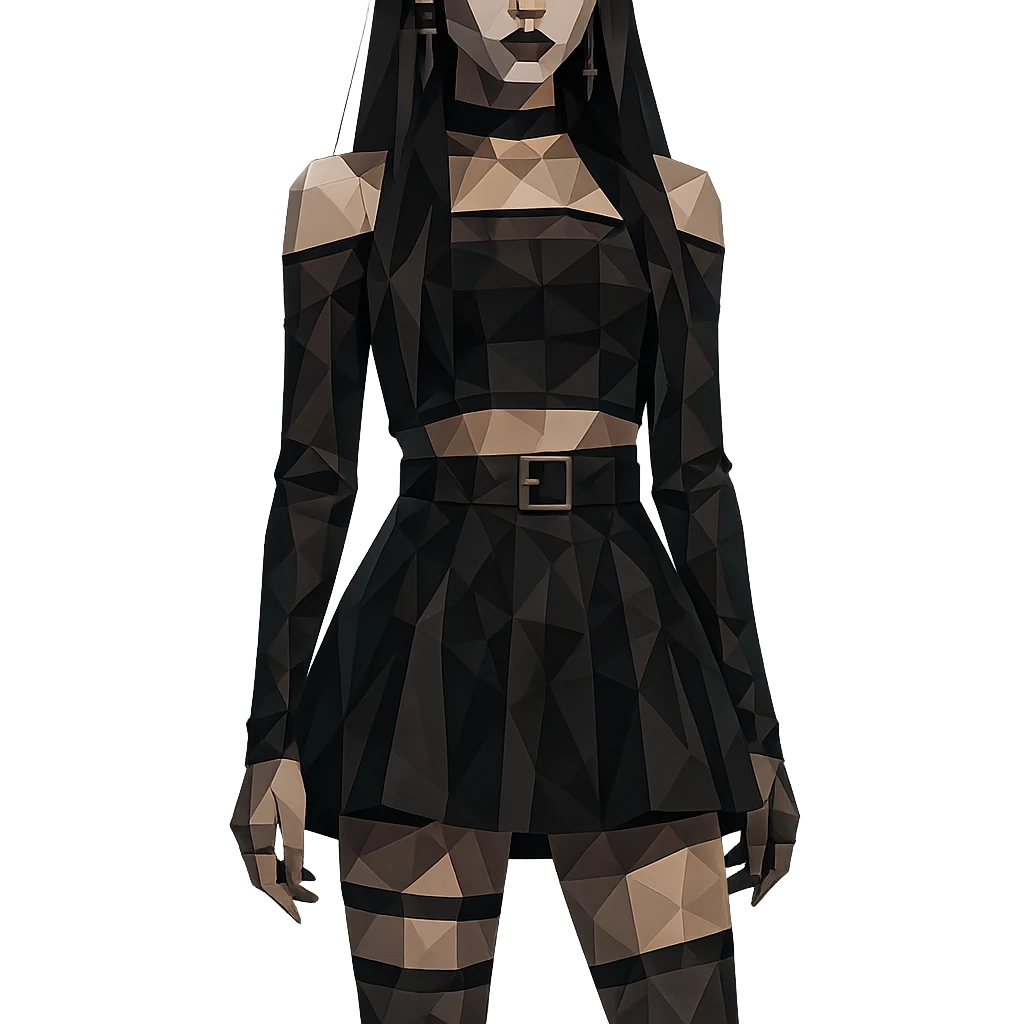 K-pop inspired gothic girl, polygonal style, geometric shapes, dark color palette, stylish stage outfit emoji