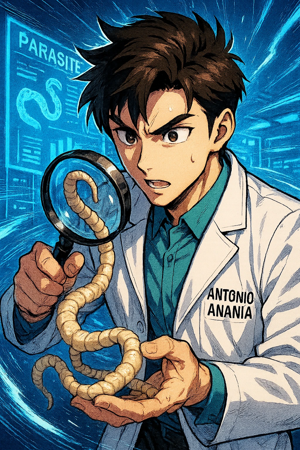 A dynamic manga/webtoon-style illustration of a young male kinesiologist wearing a clean white lab coat, analyzing light beige worms like a tapeworm under a magnifying glass. His expression is focused and slightly intrigued, with sharp, detailed eyes. The art style is vibrant, with bold linework, rich colors, and dramatic lighting. The background is a futuristic laboratory with glowing holographic screens displaying parasite data. The tapeworm is intricately drawn, slimy and segmented, with a slightly exaggerated yet realistic texture. The composition is dynamic, with motion lines or energy effects to emphasize his scientific investigation. The atmosphere is intense but not dark, keeping a balance between scientific seriousness and stylish manga aesthetics, he has "ANTONIO ANANIA" WRITTEN ON WHITE LAB COAT emoji
