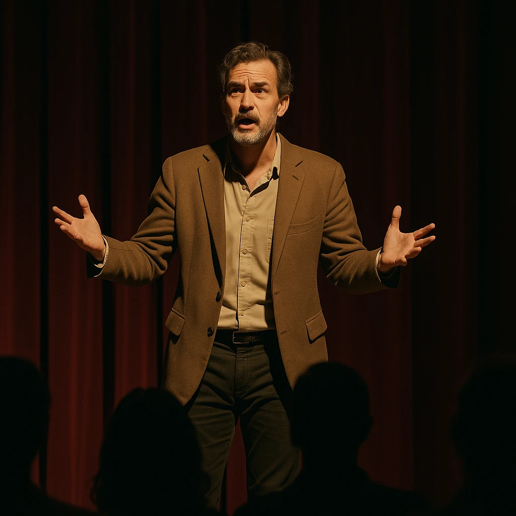 man performing a monologue, hand gestures, audience in shadow, theatrical stage emoji