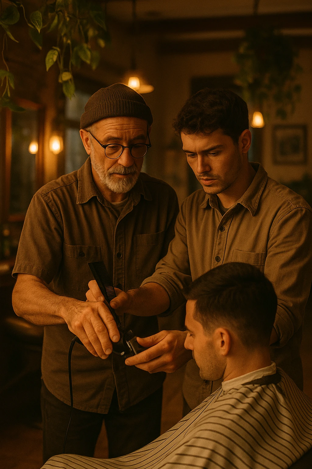 Inside a cozy barbershop with soft lighting, an experienced barber gently teaches his apprentice, guiding his hands as they cut hair together. The room is filled with warmth, plants hanging from the ceiling, and the hum of clippers emoji