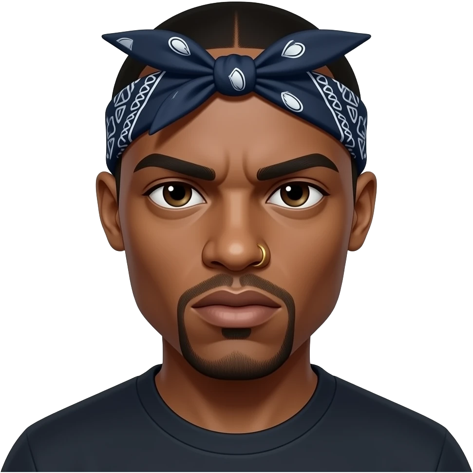 tupac shakur angry with bandana tied backwards so the knot shows in the front, nose piercing stud in gold and a goatee that doesnt connect on the sides emoji