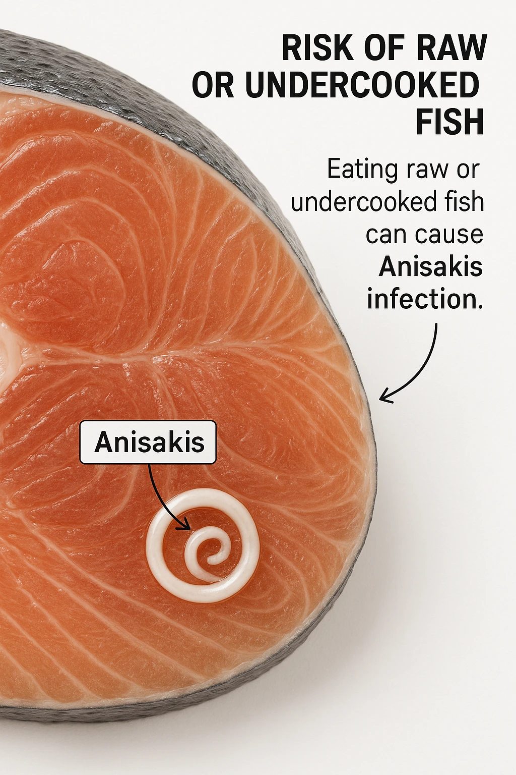 a close-up cross-section of a raw fish fillet, showing a white, coiled Anisakis parasite embedded in the muscle tissue. The parasite is clearly labeled, and the surrounding fish tissue is rendered in detail. The background is clean and white, with educational callouts explaining the risk of consuming raw or undercooked fish. emoji