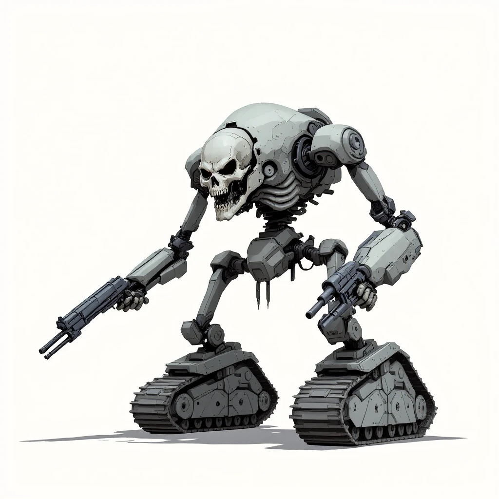 mean, menacing skull tank with no legs, only heavy tank treads, small forward skull, multiple mechanical arms with guns and blasters, aggressive pose, wide and compact, clean outline, no humanoid legs, inspired by attached images, structure and attitude reference emoji