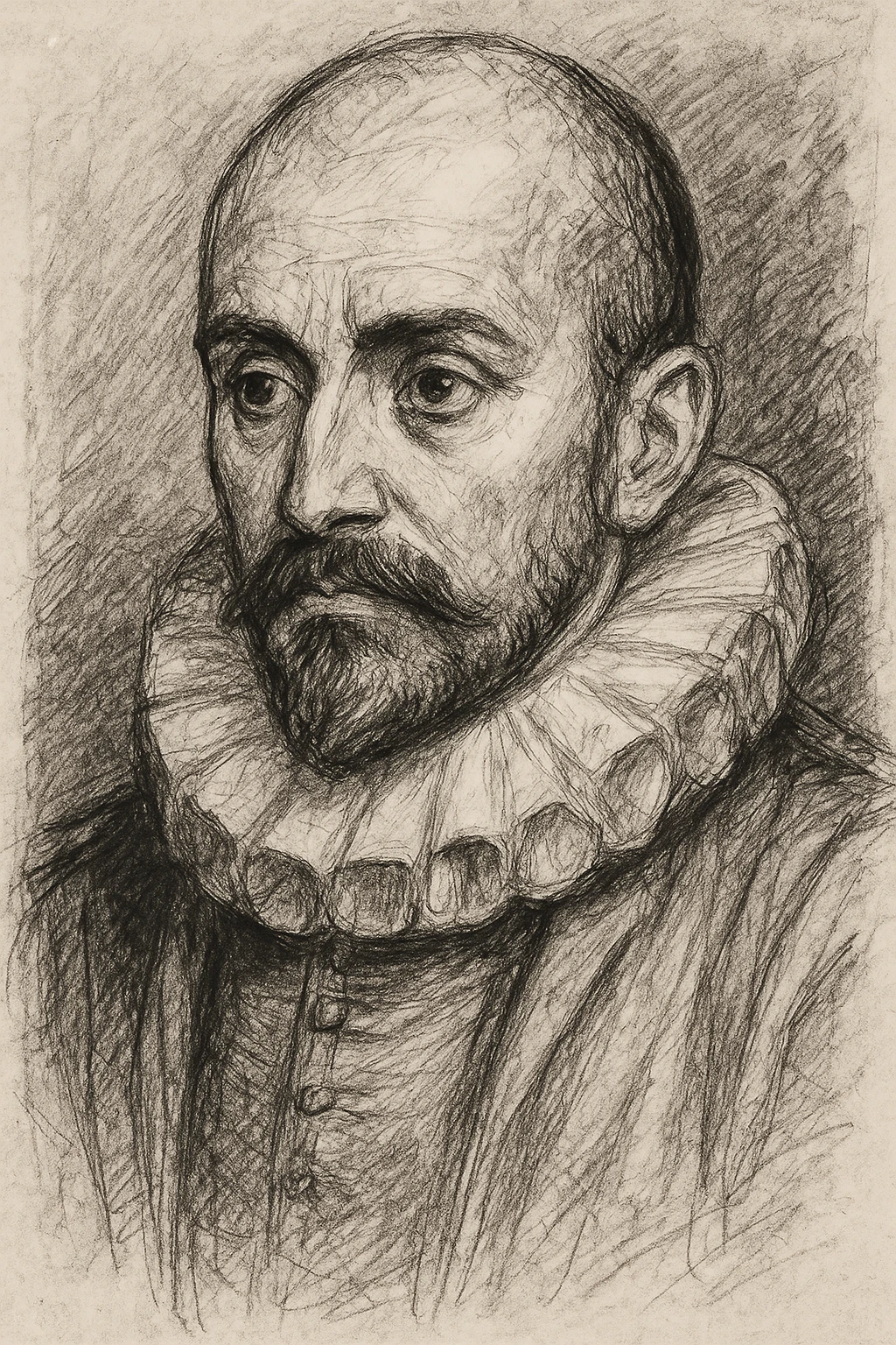 a hand drawn black outline portrait of philosopher Montaigne with similar-sized eyes based a famous portrait of him emoji