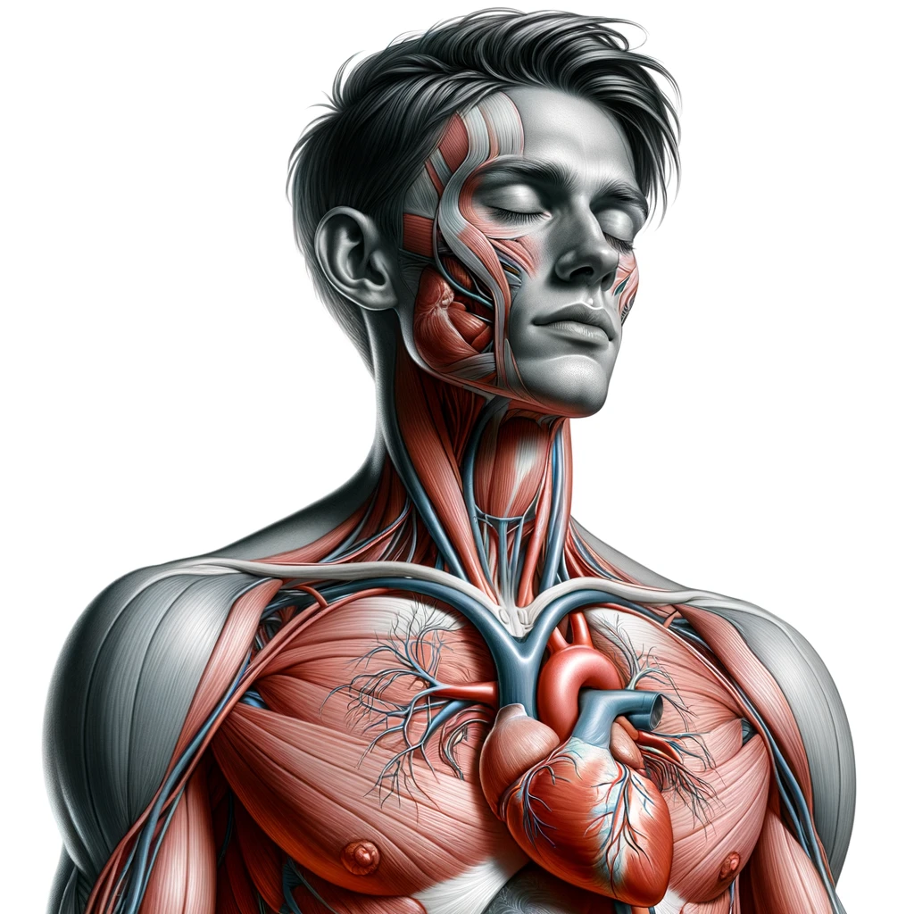 corpo umano anatomico con capelli corti in perfetta salute con gli occhi chiusi ed espressione serena a figura intera fino alle ginocchia, cuore e organi in evidenza, iperrealistica 4k, isolato su sfondo bianco emoji