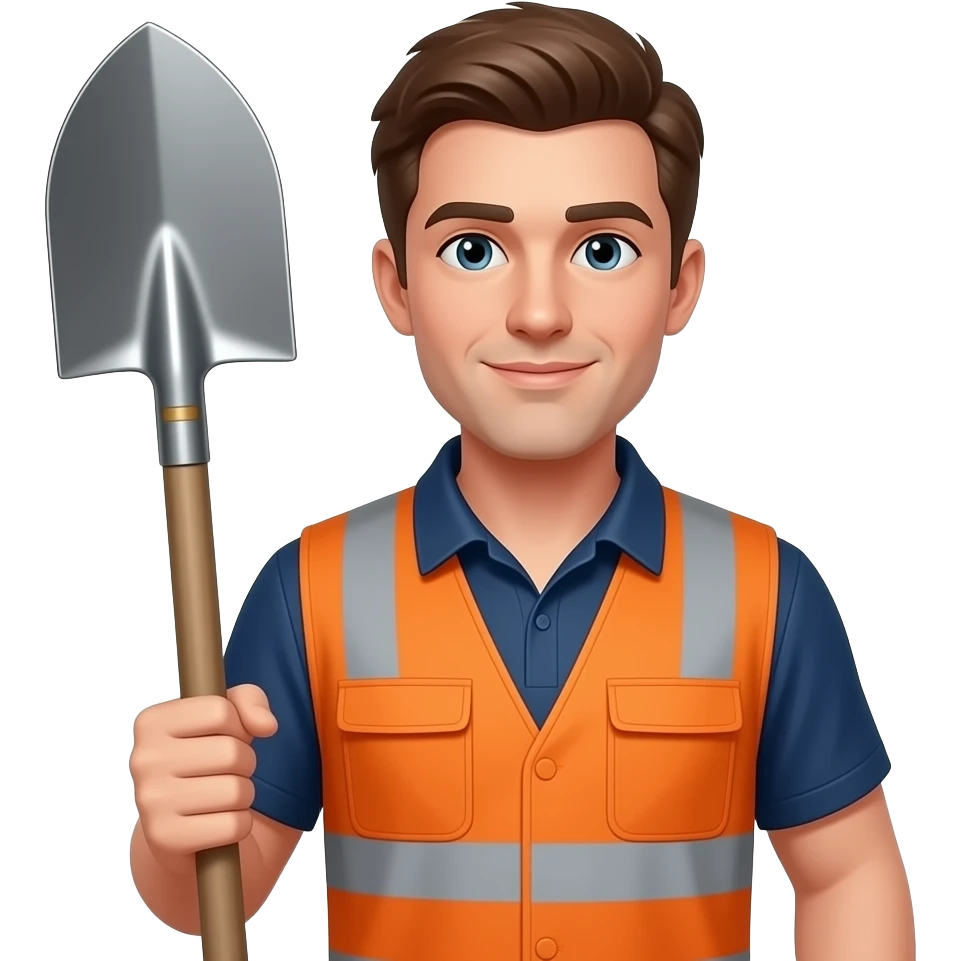 1 man in orange hi-vis overalls one with a shovel emoji