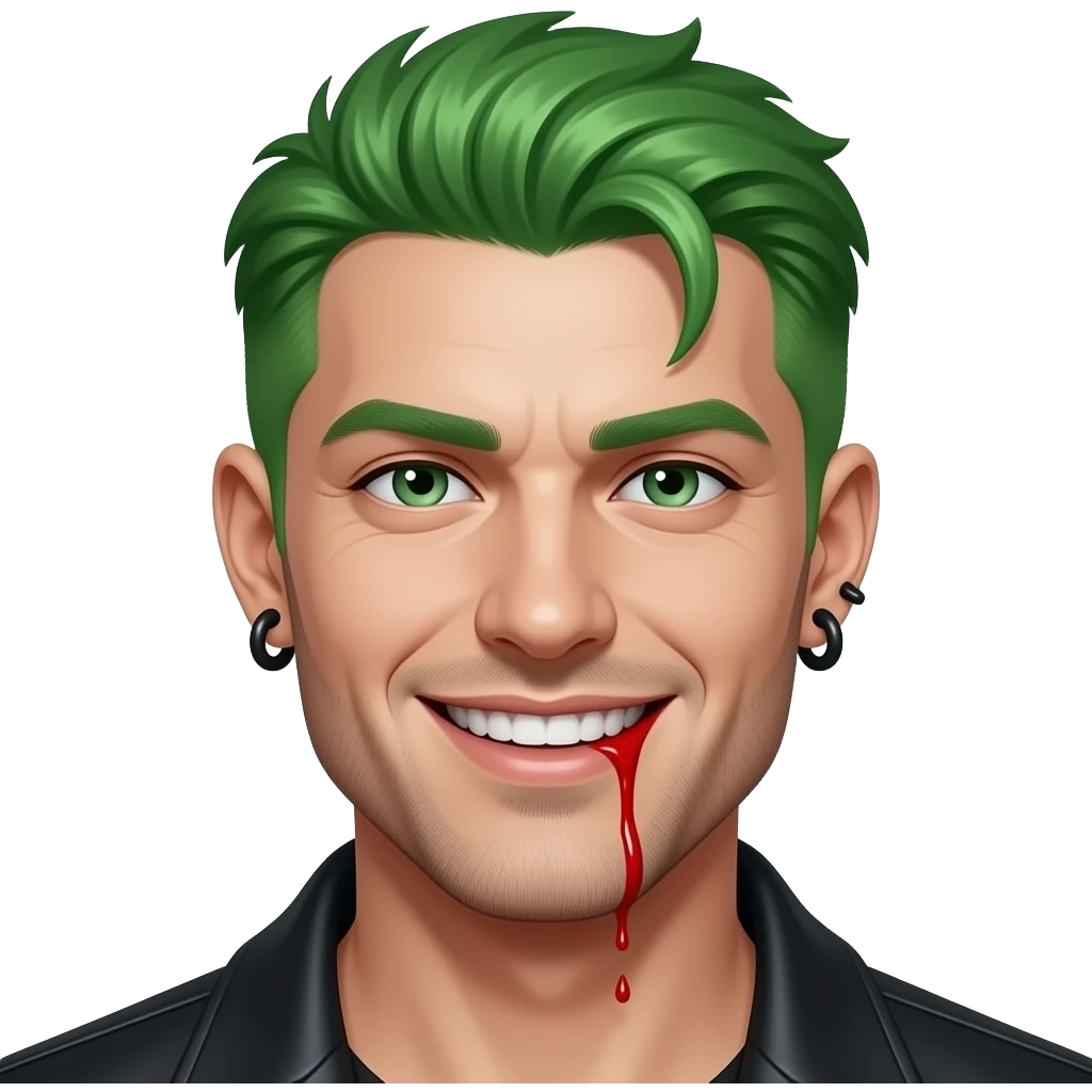 Handsome man with green hair, sharp teeth, a red line across his throat that's dripping like sauce, and black ear stretchers, smirking seductively. emoji