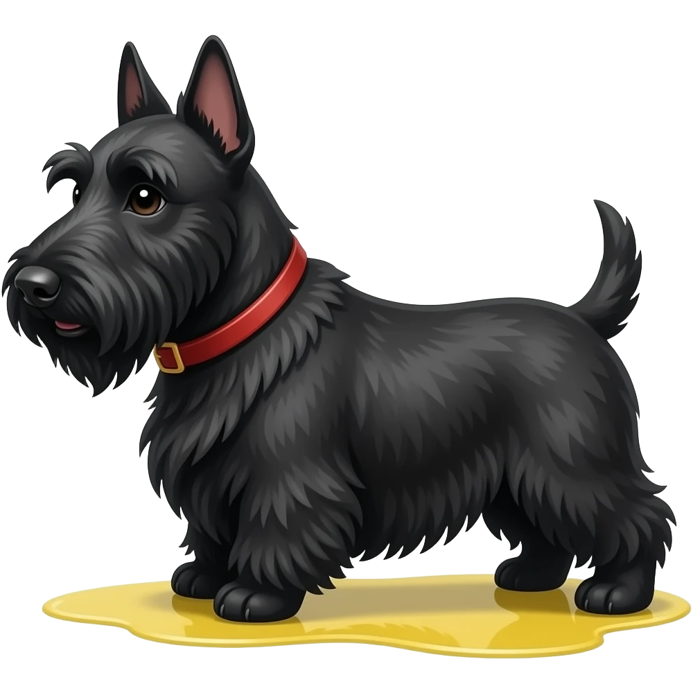 Black Scottie dog, small yellow puddle only under his rear back legs only emoji