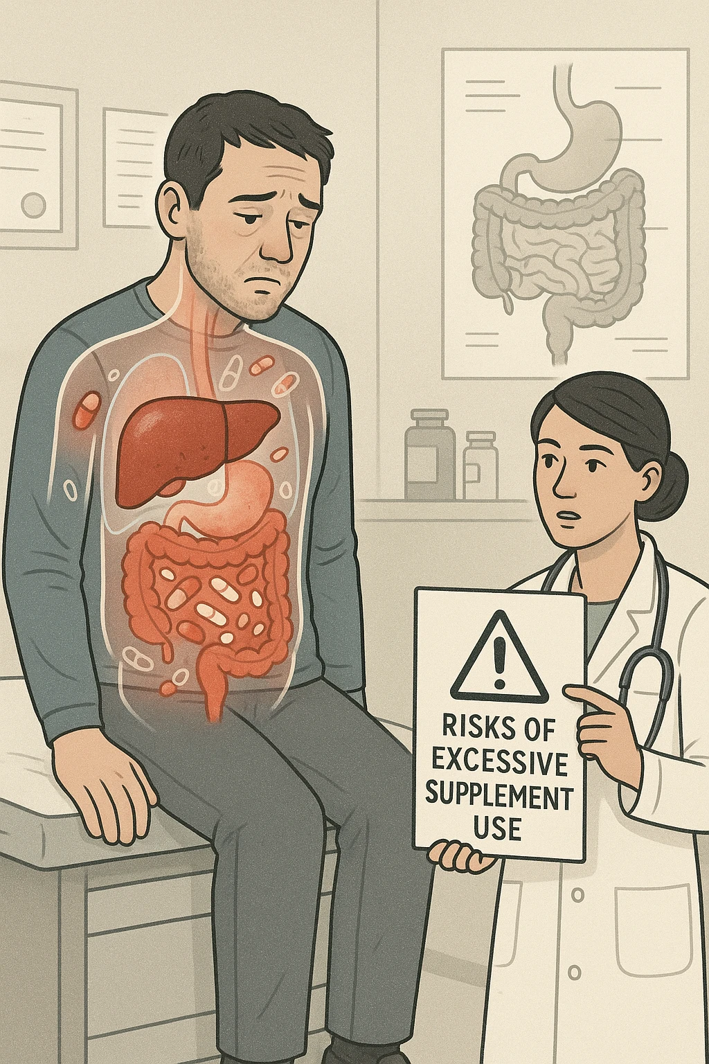 a man sits on a doctor’s examination table, looking fatigued and uncomfortable. A transparent anatomical overlay reveals his liver and intestines, both appearing inflamed and congested, with stylized supplement capsules and pills scattered throughout the digestive tract. The doctor stands nearby, holding a chart that highlights the risks of excessive supplement use. The mood is clinical and educational. emoji