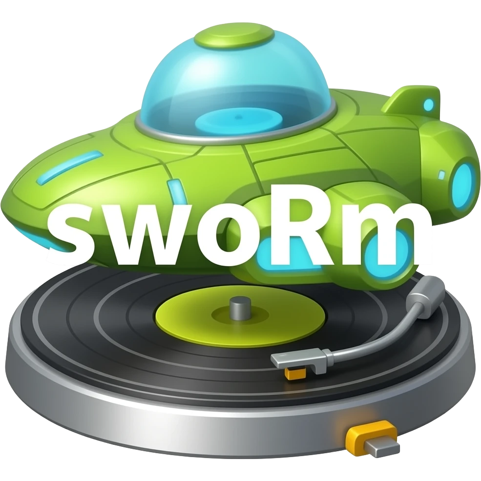 "sWoRm" written over Green futuristic SpaceShip turntable emoji