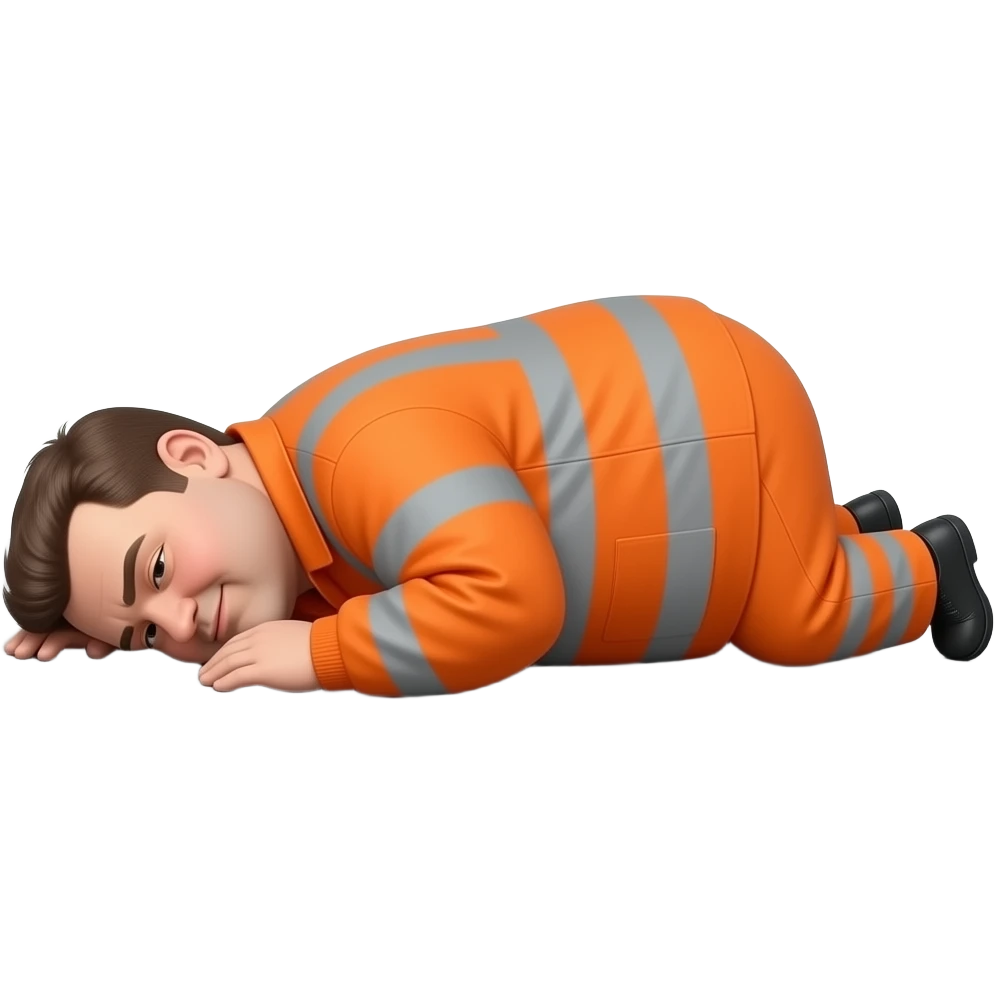 fat MAN IN ORANGE HIVIS OVERALLS, no helmet, laying face down on floor, side view emoji