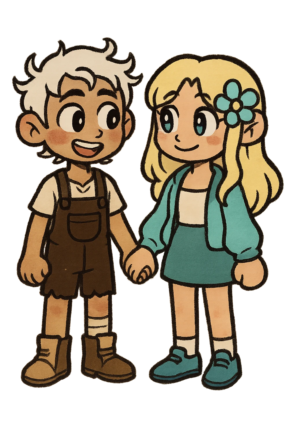 Combine these two cartoon characters as a couple, standing side by side, matching their style, with a transparent background. The style should blend the characteristics of both characters harmoniously in a single image. emoji