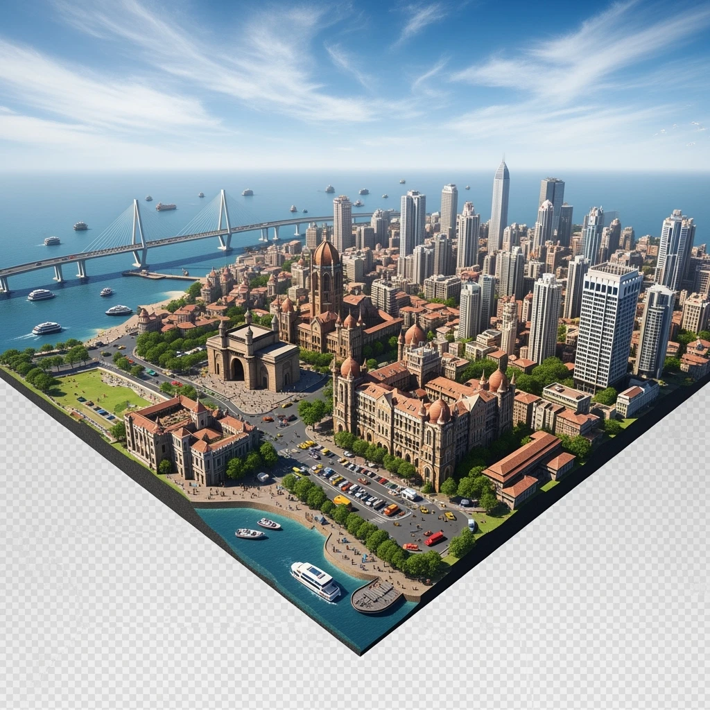 Isometric miniature of Mumbai city, featuring iconic landmarks like Gateway of India, Bandra-Worli Sea Link, Chhatrapati Shivaji Terminus, and skyscrapers, 3D miniature effect and Tilt Shift effect, no cartoonish look, transparent background. emoji