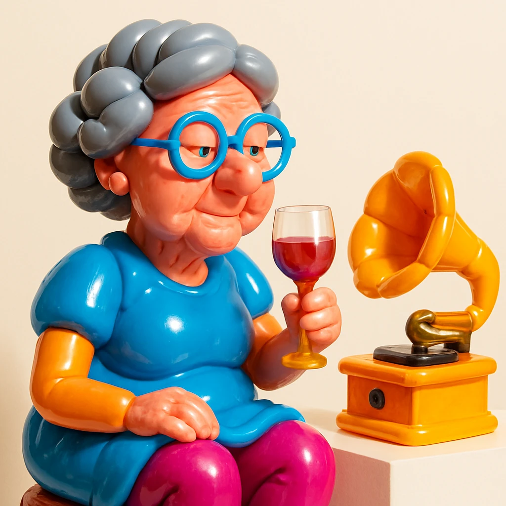 old lady with wineglass listening to gramophone emoji