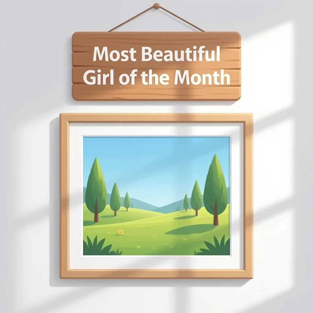 A clean aesthetic wall with a centered photo frame hanging on it, above the frame there is a sign that reads “Most Beautiful Girl of the Month”, soft lighting, minimal shadows, pastel tones, neat composition, empty frame for photo, 3D cartoon style, high quality inspired by Barbie colour palette emoji