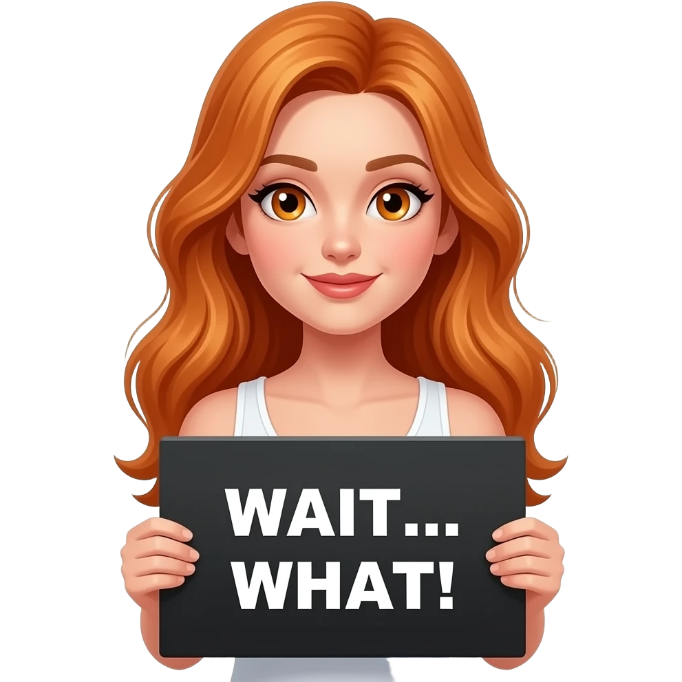 sexy girl with long ginger hair and ginger eyes wearing a white tanktop is holding a black sign with WAIT... WHAT! written on it emoji