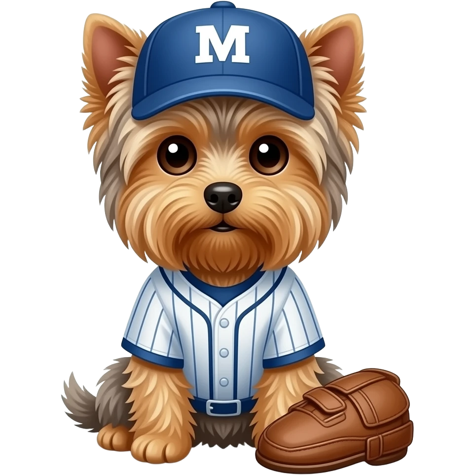 Yorkie dog sitting with baseball's gear emoji