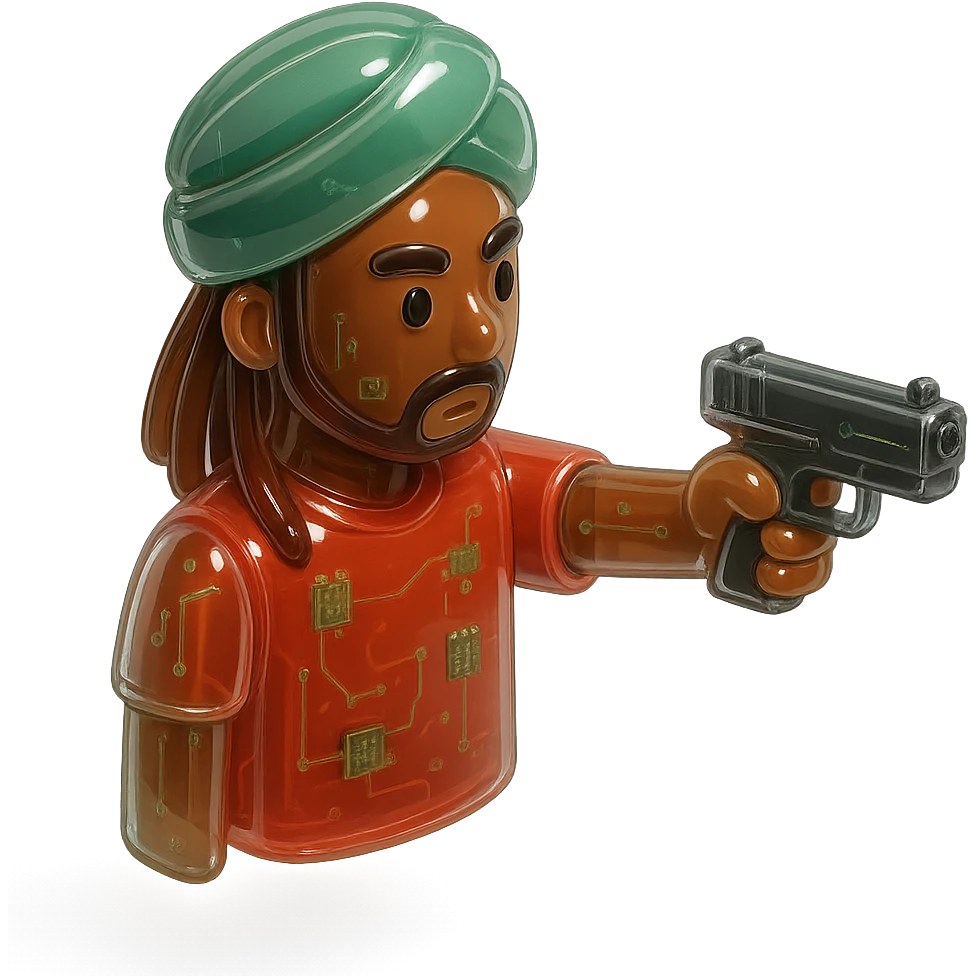 Brownskin man with long brown dreadlocks 
red t-shirt 
green turban 
expression is pointing a a glock emoji