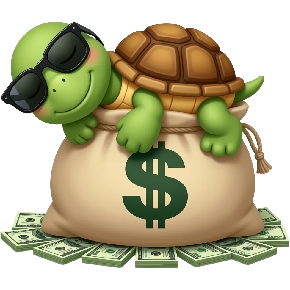 A turtle with sunglasses sleeping on a bag of money emoji