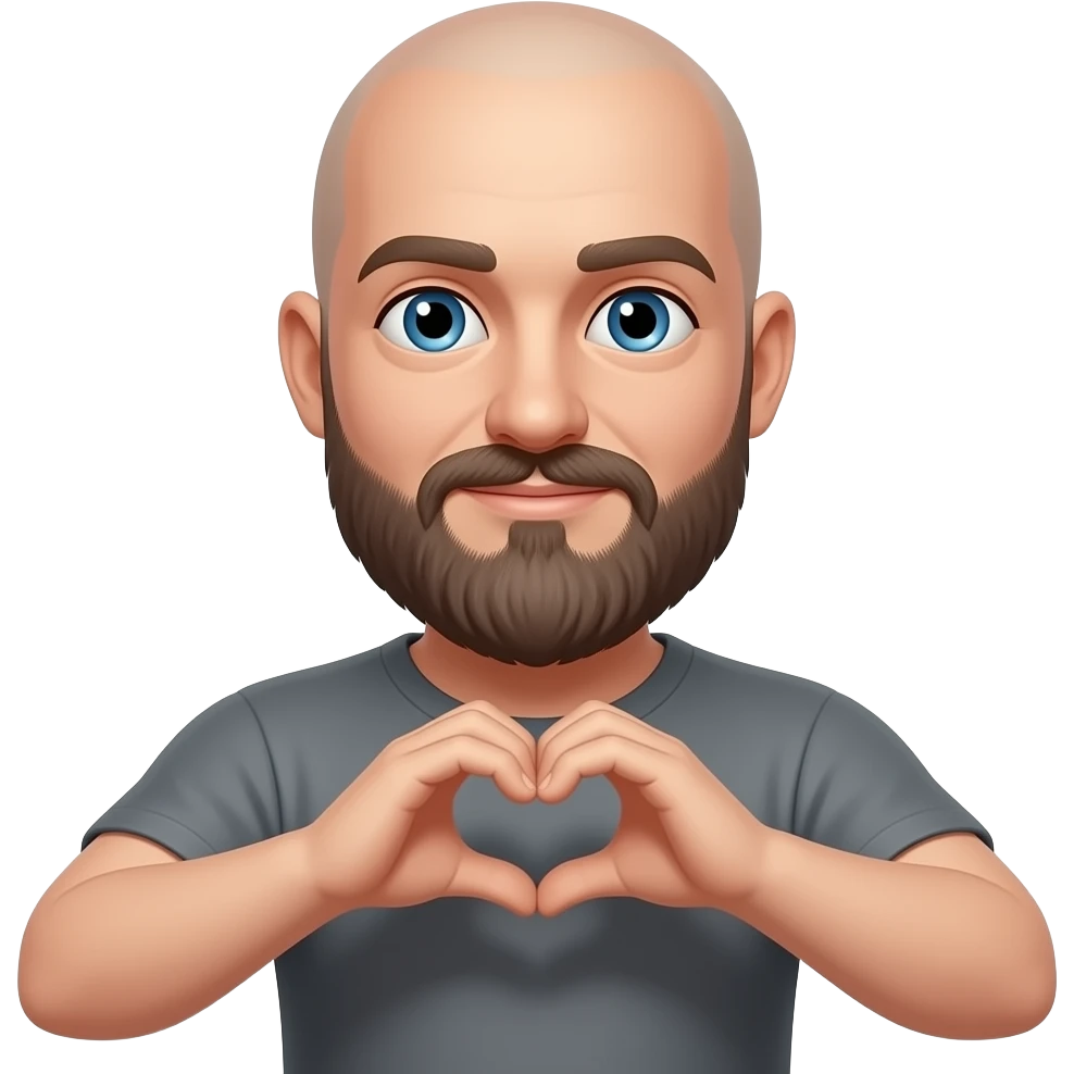 Homme barbu sans cheveux, yeux bleus qui fait le signe coeur emoji