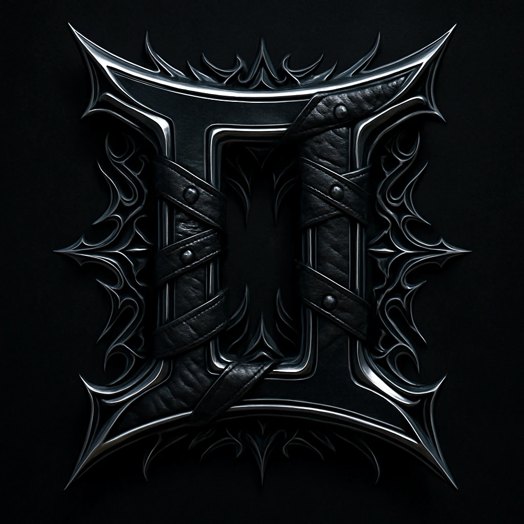 Gemini zodiac symbol fused with heavy metal iconography, dark colors, chrome and leather emoji