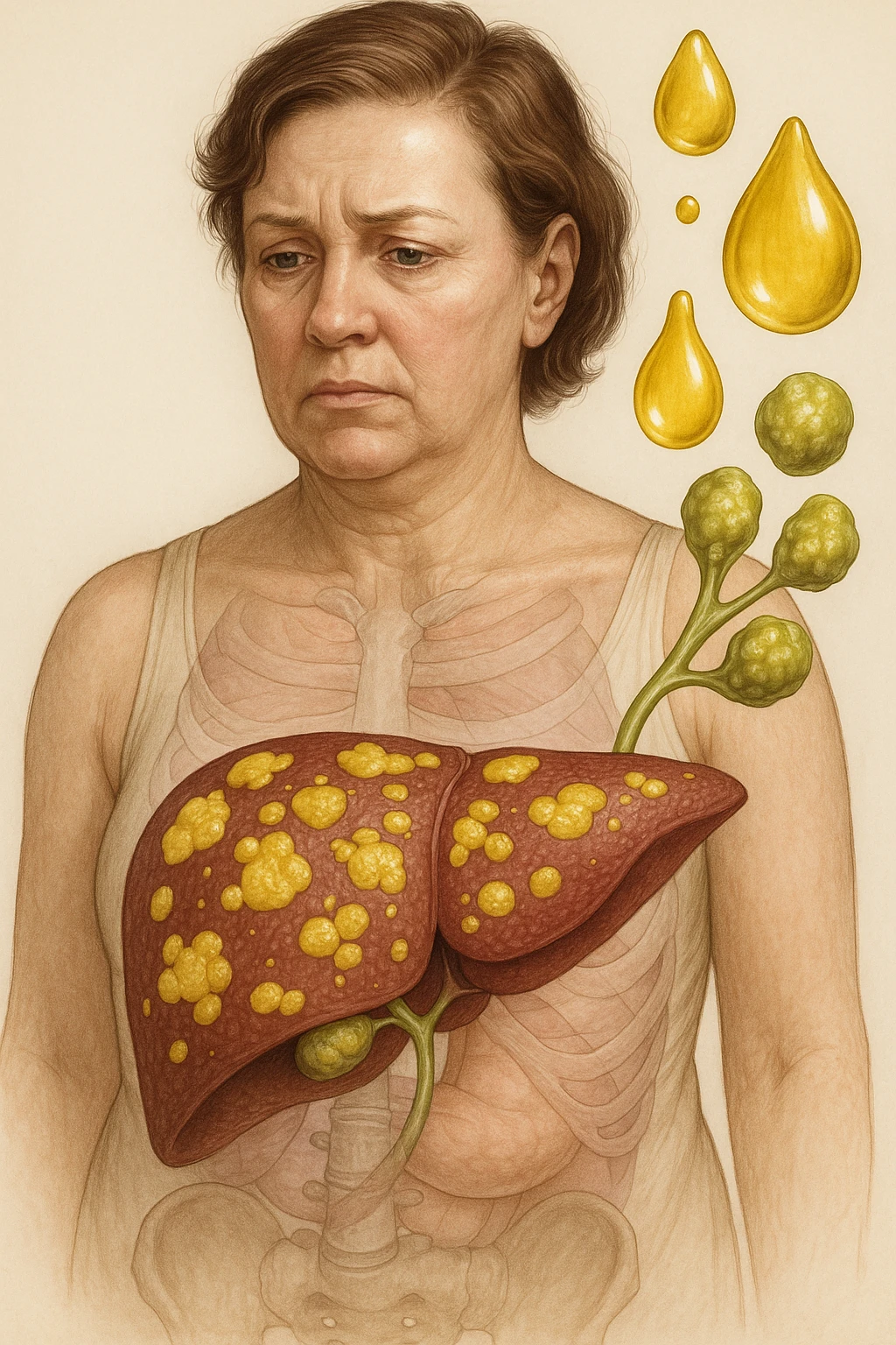 donna con fegato grasso immagine realistica e usa oli vegetali formando anche calcoli biliari emoji