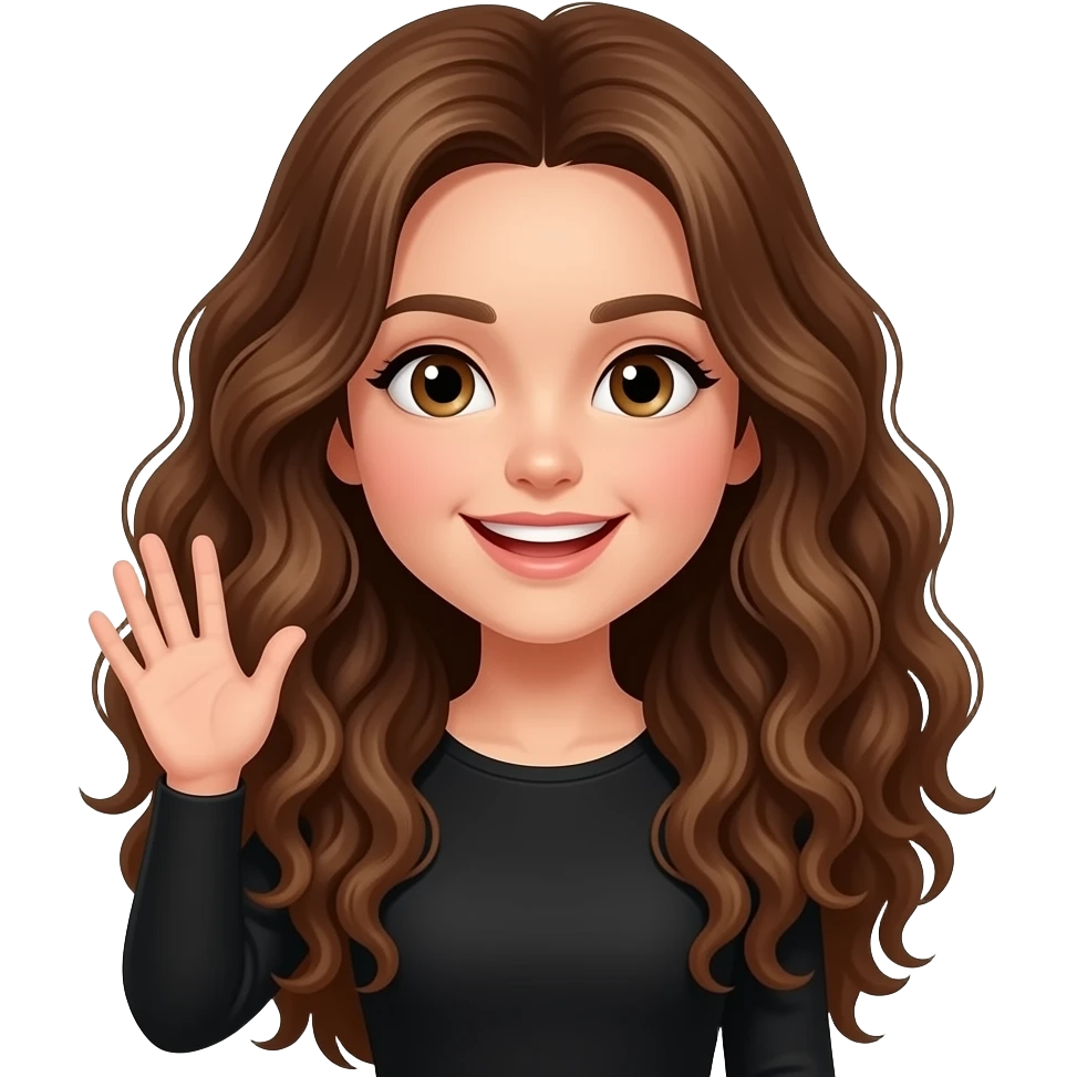 girl with long curly brown hair wearing black clothes says hi emoji