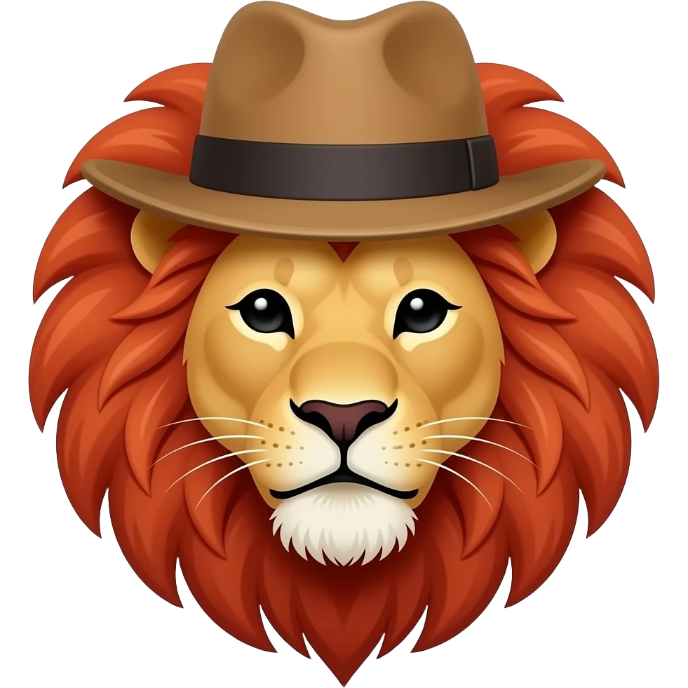 lion face with red very curly mane and hat emoji