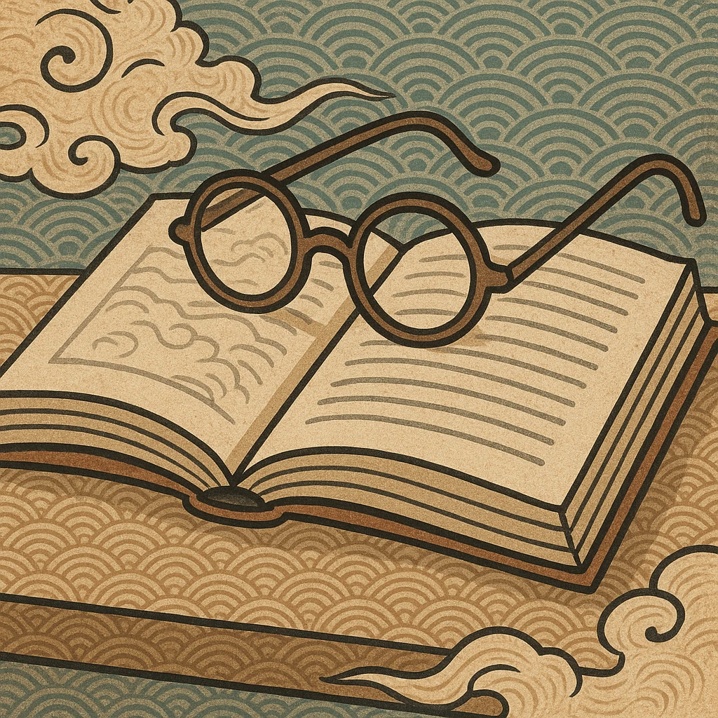 an open book with glasses on top, symbolizing academia, classic illustration style emoji