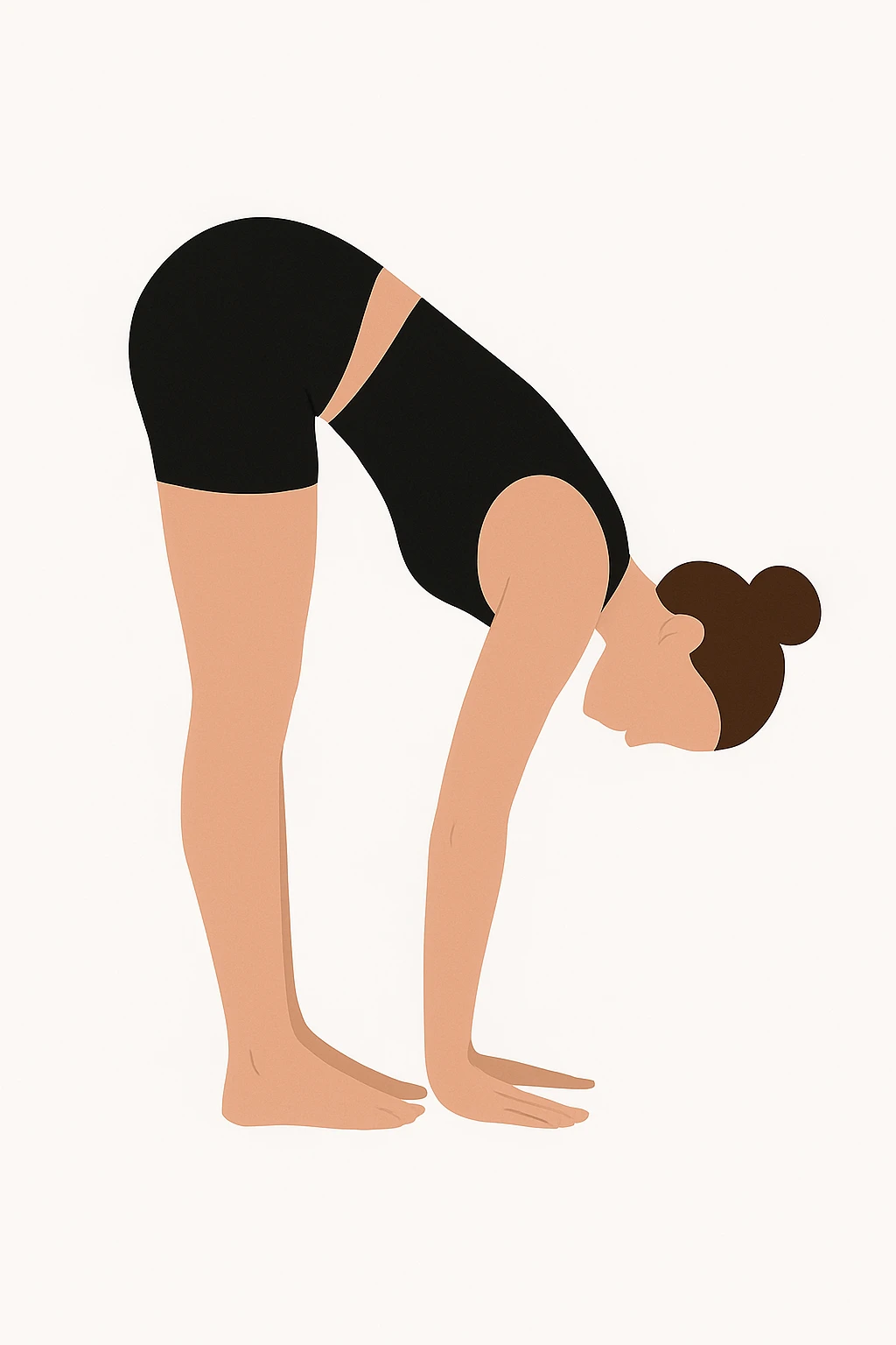 Minimalist flat vector illustration of a woman doing yoga in forward fold pose (Uttanasana), wearing sportswear (black top and black shorts), brown hair in a bun, clean white background, no face details, elegant style emoji