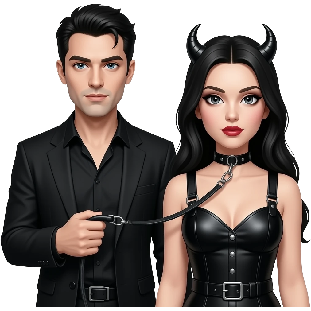 Gothic man holding a  black leather leash that is attached to a gothic submissive womans neckleash emoji