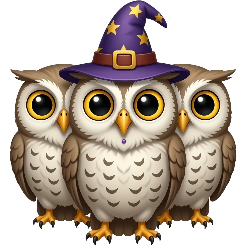 A 3 headed owl with a pimple on its face and a wizard's hat emoji