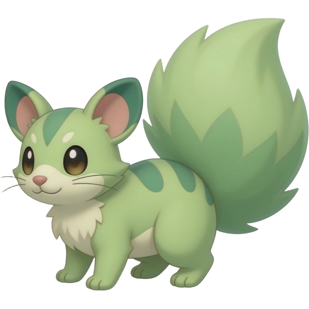Light-green, soft realistic romantic vintage antique divine beautiful elegant pretty precious cute young youthful Fakémon-Pokémon-opossum-feline-mouse-serval-caracal-chinchilla-Minccino-Cinccino-Meowstic-rodent-hybrid-creature with a big fluffy bushy tail (full body) emoji