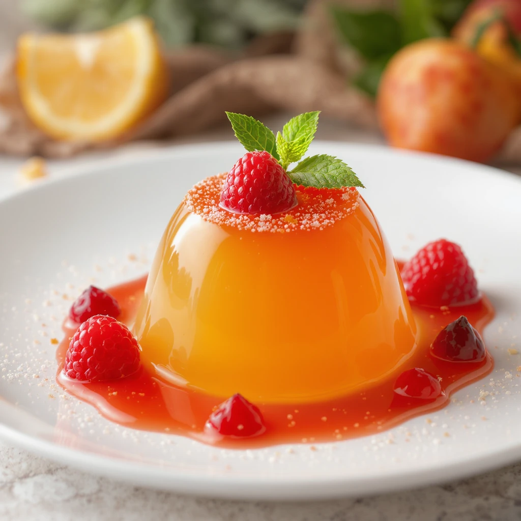 realistic jelly dessert, translucent and glossy, on a white plate, professional photography style emoji