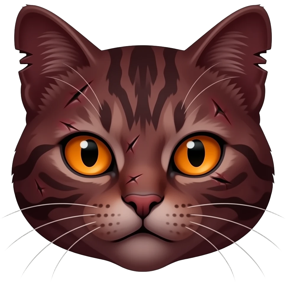 An evil very darkredbrown tabby cat head with scars and bright orange eyes and a lot of scars and torn ears emoji