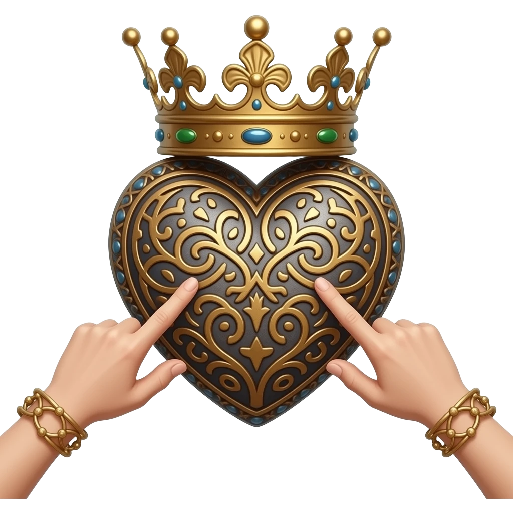two elegant  hands with bronze bracelets touch with their fingers a rusty heart richly ornamented with arabesques with a richly decorated royal crown,  (fingers are facing down and palms are facing up)   - dramatic lighting - backlight emoji