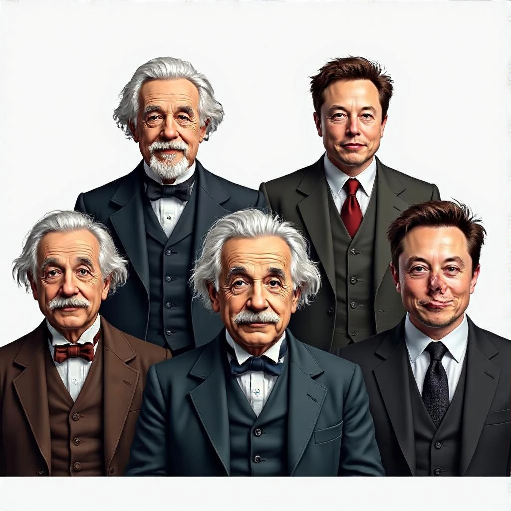 Generate in realistic style Franklin, Edison, Ford in the first row, Einstein, Jobs and Musk in the second behind them. png on transparent background emoji