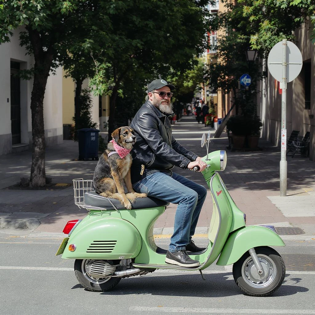man and his pet dog riding a vespa emoji