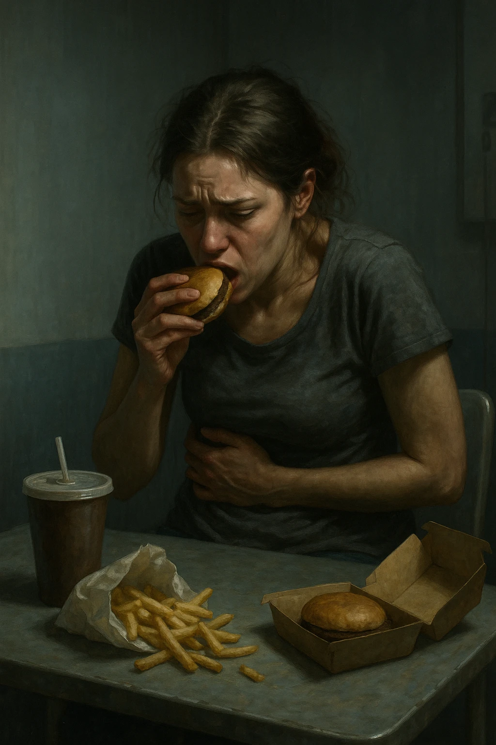 realistic illustration of a woman showing marked emotional eating during menstrual cycle, nervous gestures, contracted posture, clinical atmosphere, dramatic lighting, no text, 2:3 aspect ratio emoji