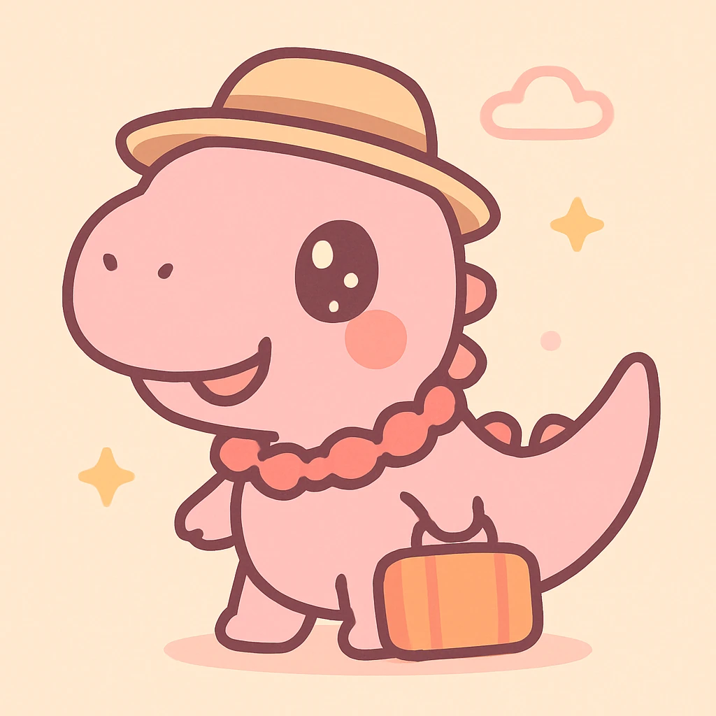 pink t-rex on vacation, kawaii cartoon style, cute and charming emoji