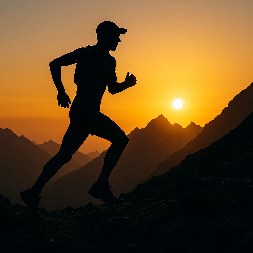 a mountain trail runner silhouette against sunrise, sporty, rugged terrain emoji