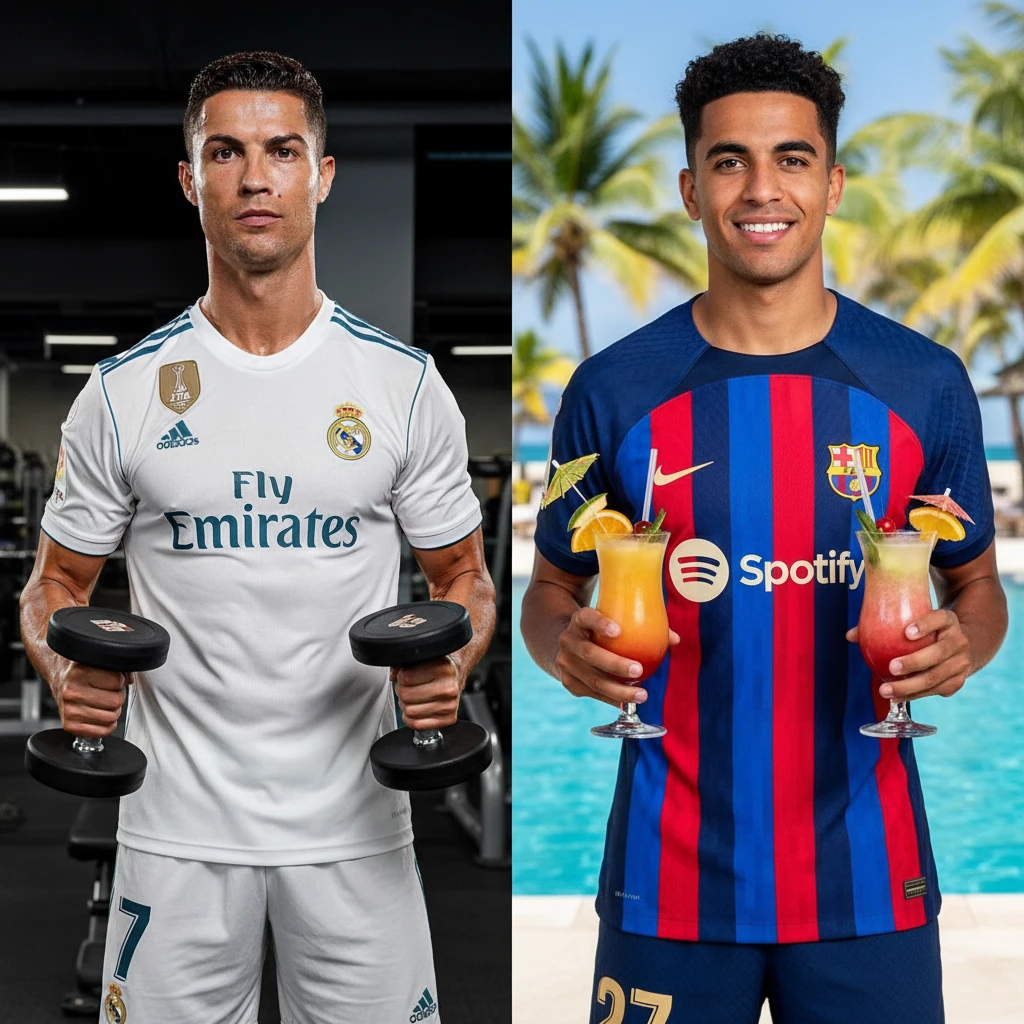 Криштиану Роналду в футболке Реала стоит с гантелями слева. А справа стоит Ламин Ямаль в форме Барселоны и с коктейлями в руках emoji