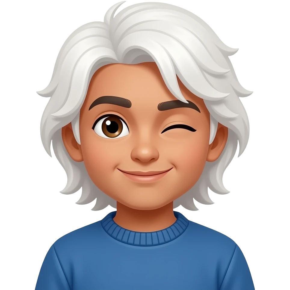 Brown pakistani boy with long shoulder length white hair winking, wearing blue sweater emoji