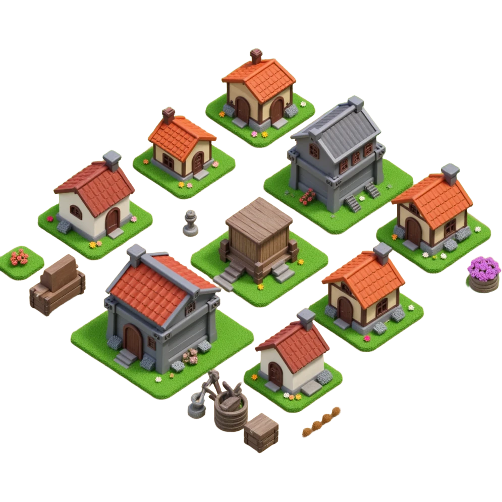 10 different buildings, all farms, upgradable, tier one to tier 10, clash of clans like emoji