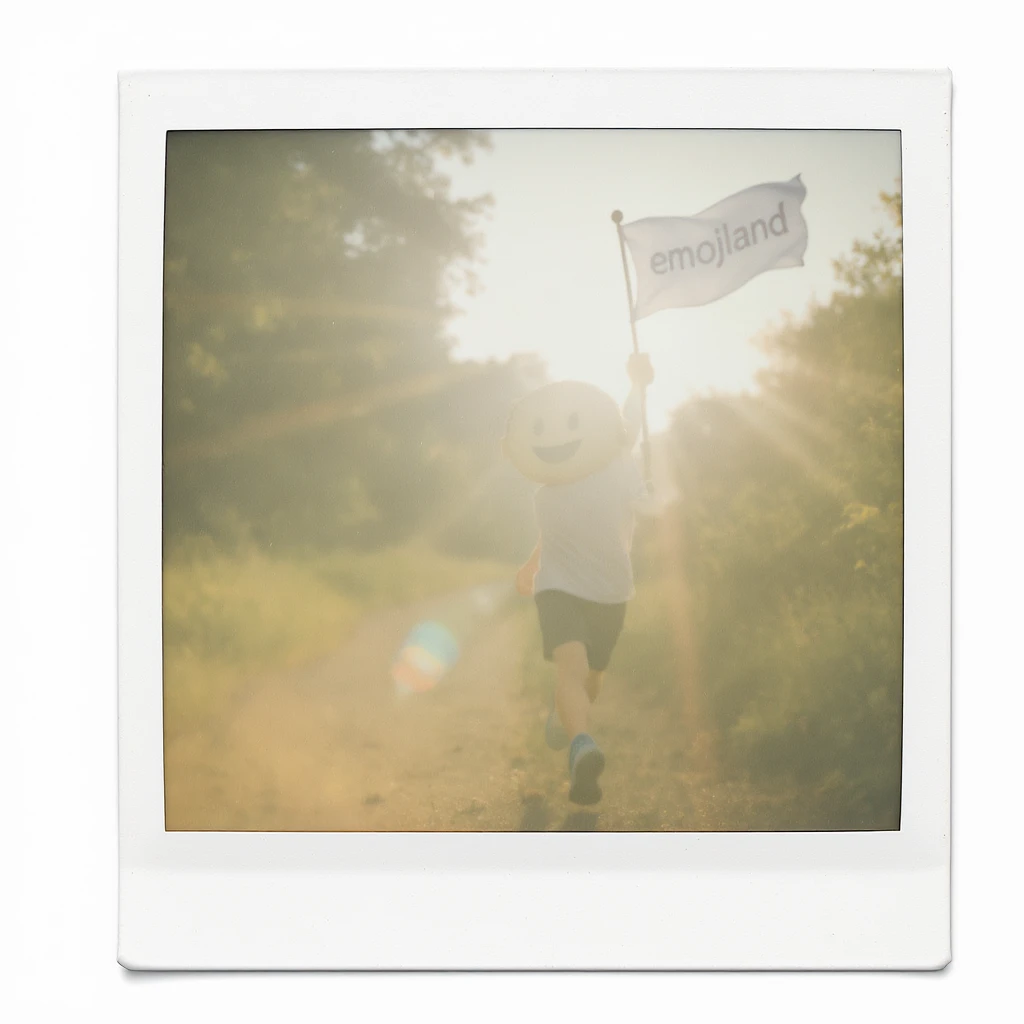 happy runner waving a flag that says 'emojiland' emoji